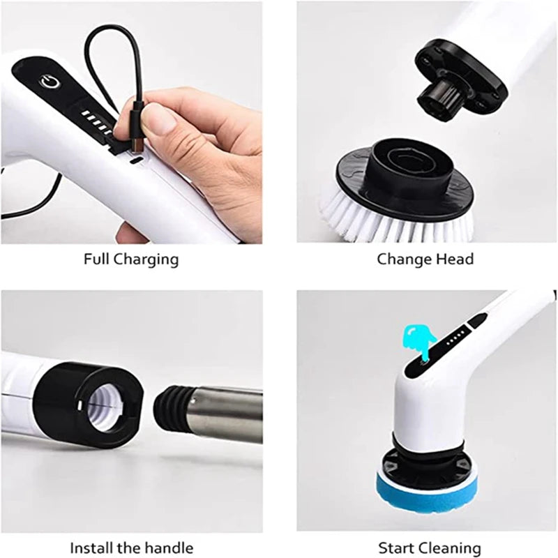 Cordless Electric Spin Scrubber:Portable, Adjustable Handle, 8 Replaceable Heads