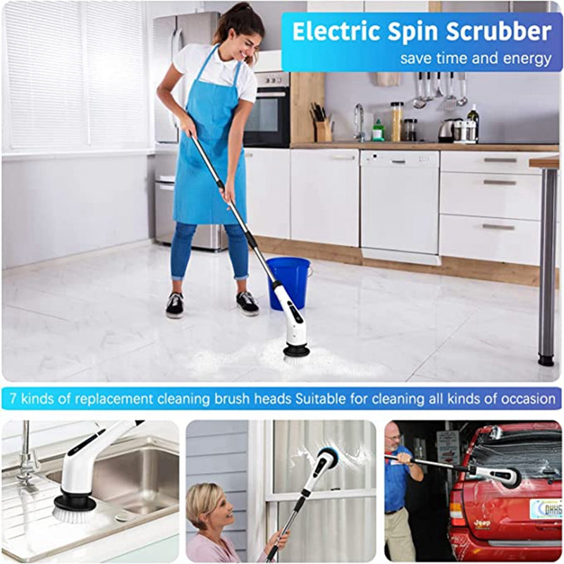 Cordless Electric Spin Scrubber:Portable, Adjustable Handle, 8 Replaceable Heads