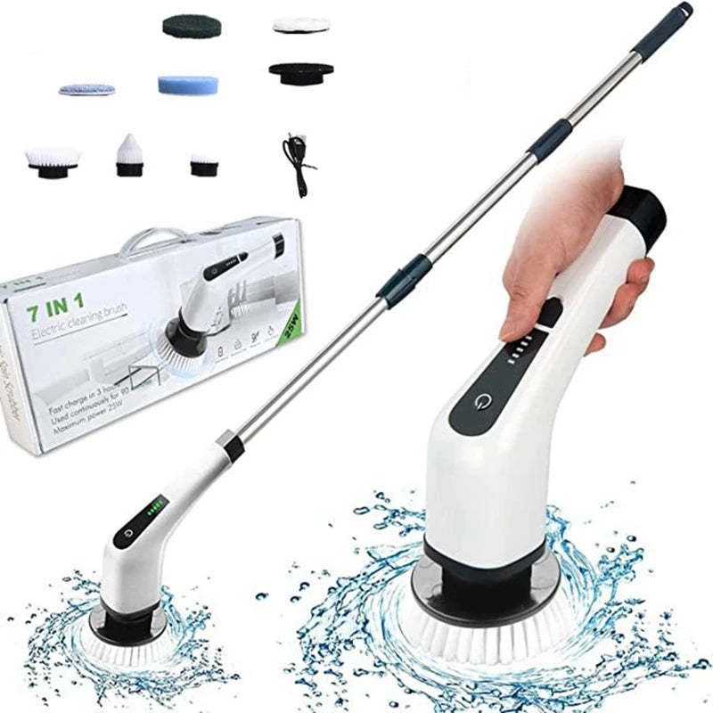 Cordless Electric Spin Scrubber:Portable, Adjustable Handle, 8 Replaceable Heads